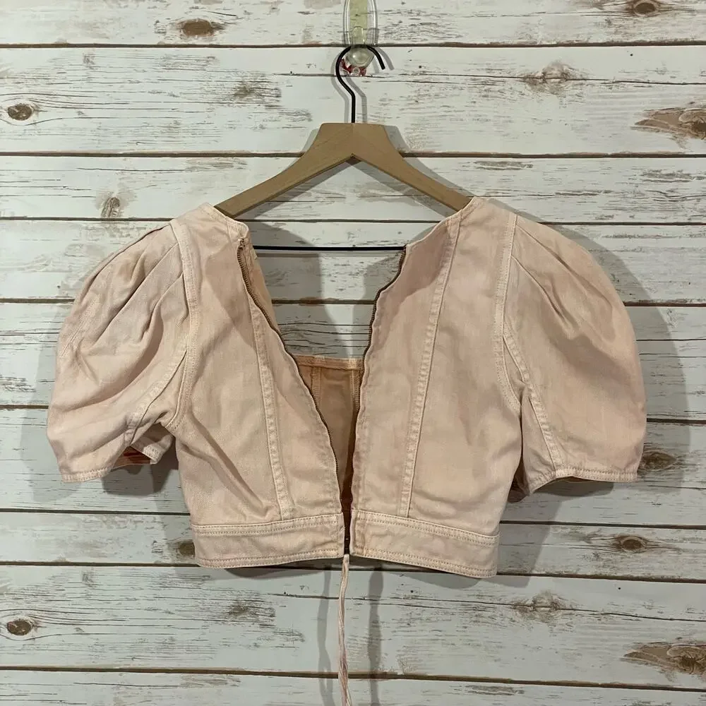 Ulla Johnson Renee Denim Bustier Puff Sleeve Crop Top - Sweetbriar - 6